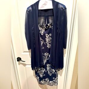 Elegant Midi Cocktail Dress with silver detail and sheer overcoat